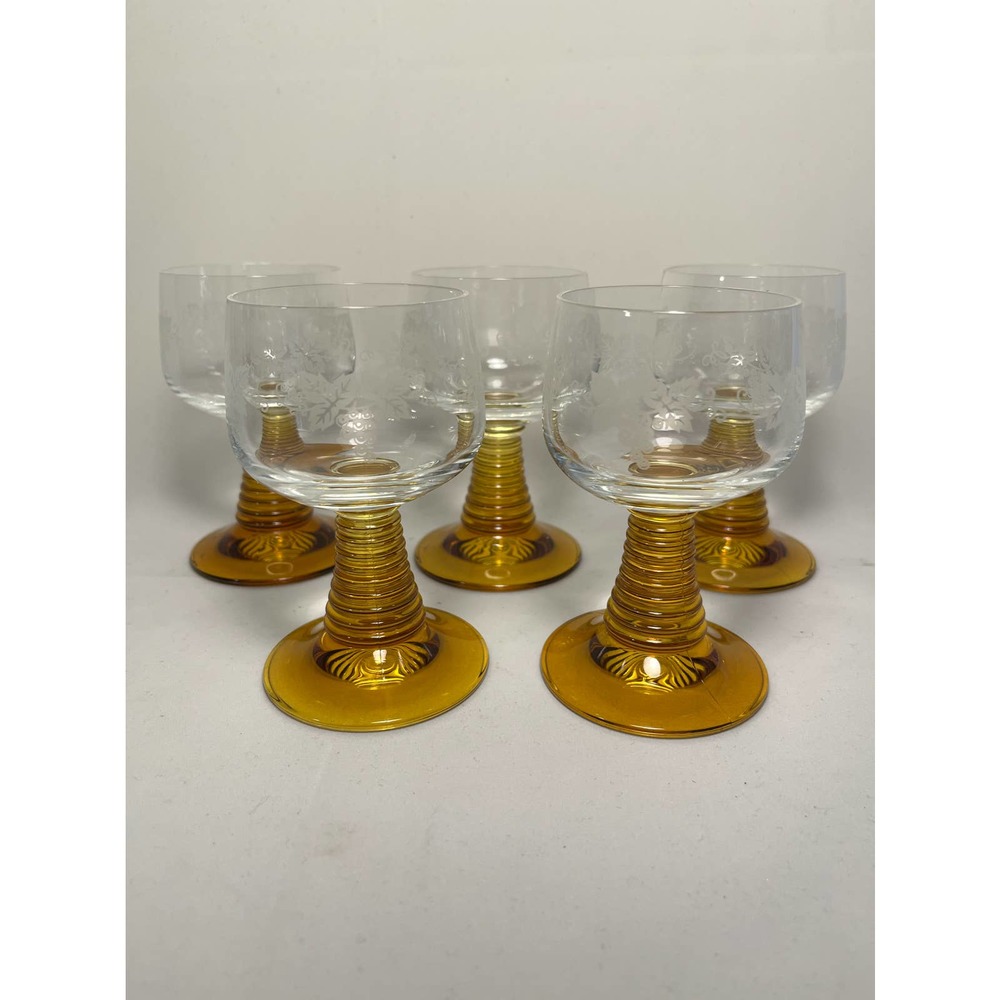 Vintage Amber Wine Glasses German Roemer Etched Beehive Stem - Set of 5